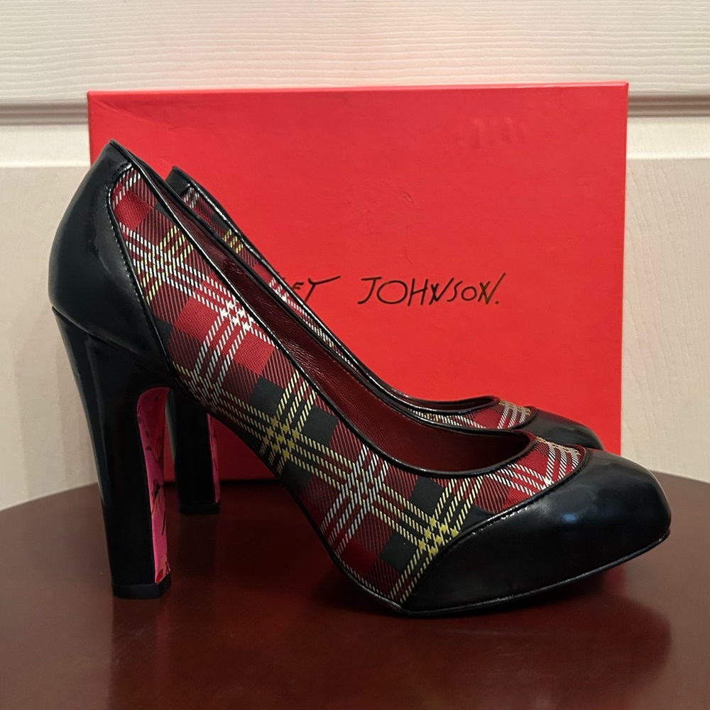 Betsey Johnson Black and Red Plaid Platform Heels